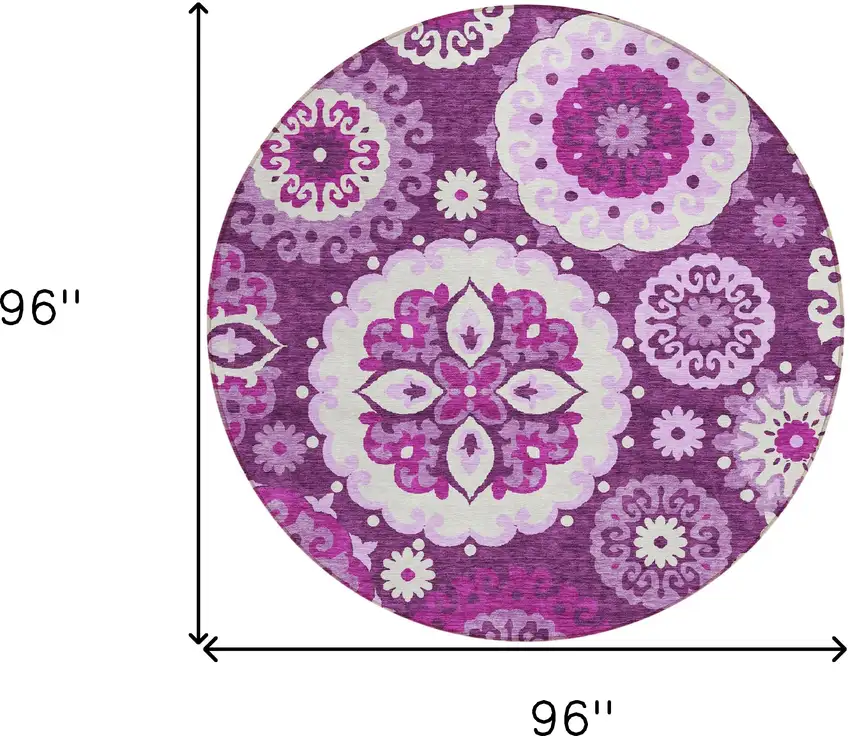 8' Eggplant And Mauve Round Floral Medallion Washable Indoor Outdoor Area Rug Photo 9