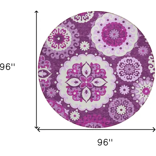 8' Eggplant And Mauve Round Floral Medallion Washable Indoor Outdoor Area Rug Photo 9