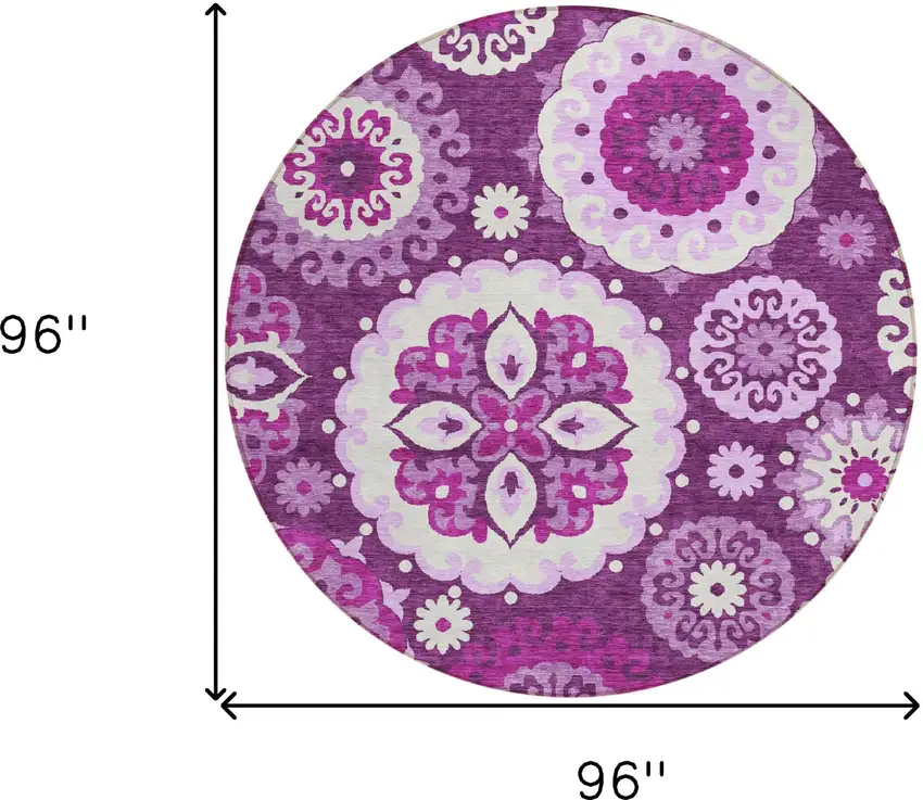 8' Eggplant And Mauve Round Floral Medallion Washable Indoor Outdoor Area Rug Photo 9