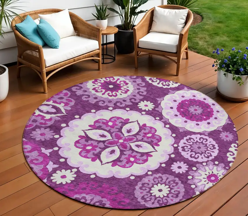 8' Eggplant And Mauve Round Floral Medallion Washable Indoor Outdoor Area Rug Photo 1
