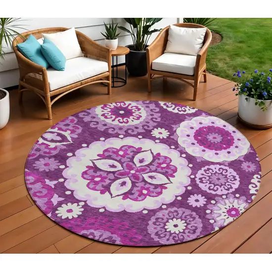 8' Eggplant And Mauve Round Floral Medallion Washable Indoor Outdoor Area Rug Photo 1