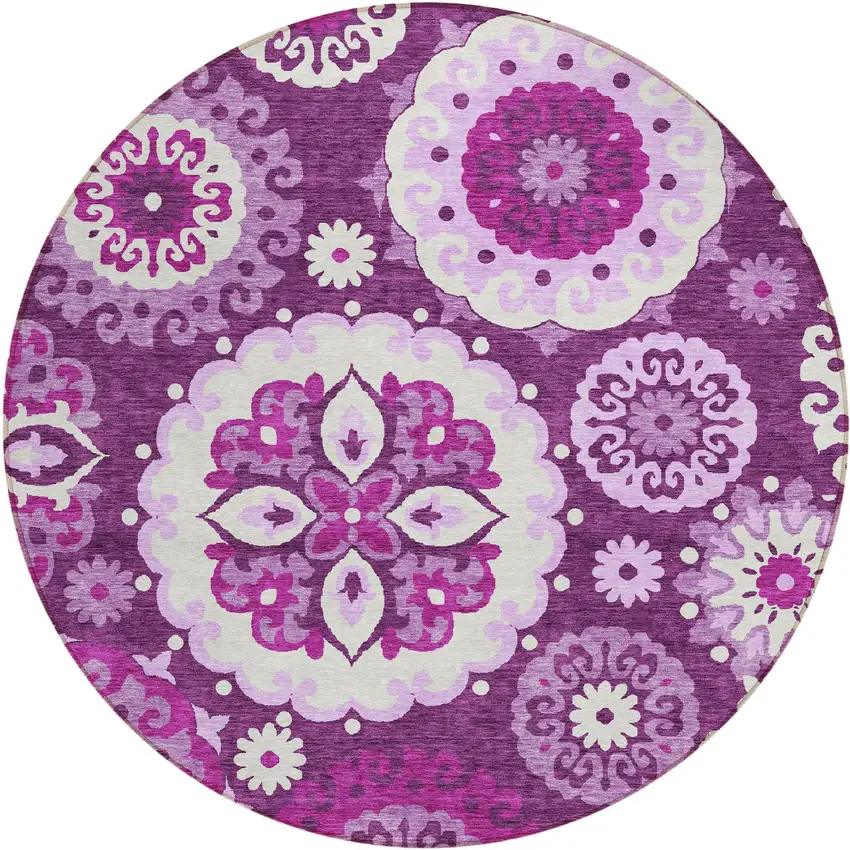 8' Eggplant And Mauve Round Floral Medallion Washable Indoor Outdoor Area Rug Photo 1