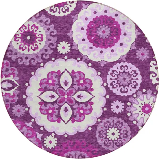 8' Eggplant And Mauve Round Floral Medallion Washable Indoor Outdoor Area Rug Photo 1