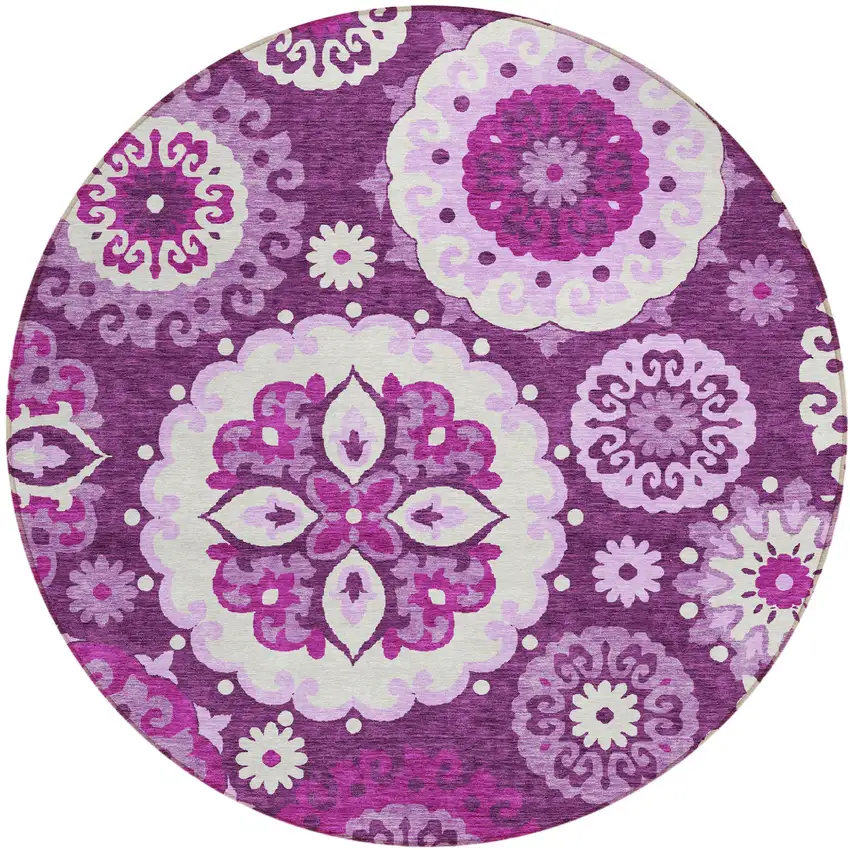 8' Eggplant And Mauve Round Floral Medallion Washable Indoor Outdoor Area Rug Photo 1