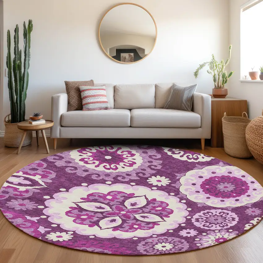 8' Eggplant And Mauve Round Floral Medallion Washable Indoor Outdoor Area Rug Photo 8