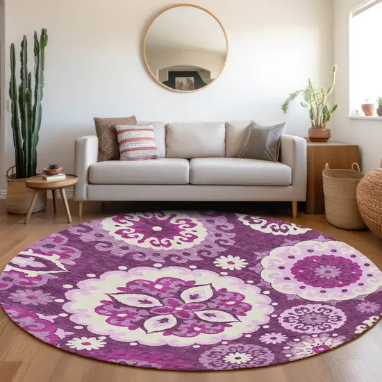 8' Eggplant And Mauve Round Floral Medallion Washable Indoor Outdoor Area Rug Photo 8