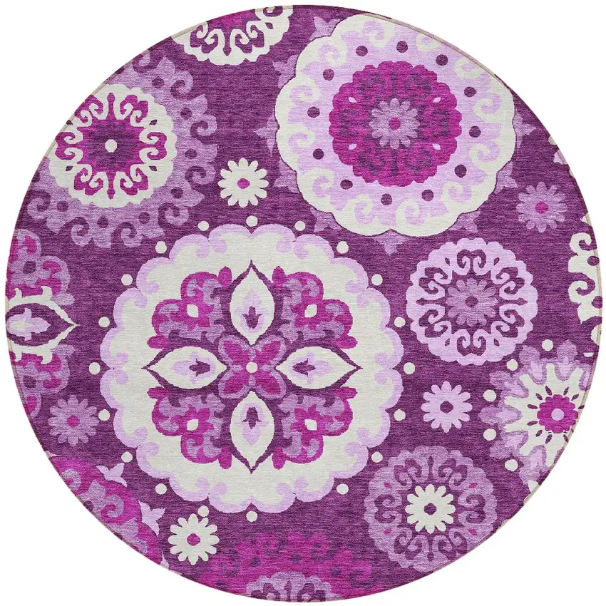 8' Eggplant And Mauve Round Floral Medallion Washable Indoor Outdoor Area Rug Photo 5