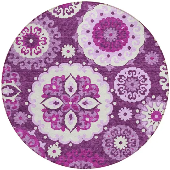 8' Eggplant And Mauve Round Floral Medallion Washable Indoor Outdoor Area Rug Photo 5