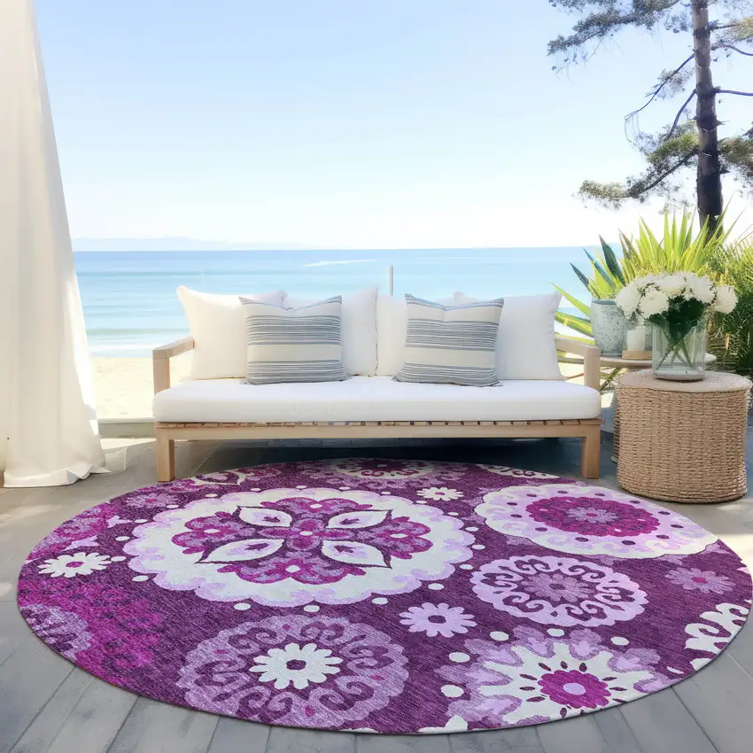 8' Eggplant And Mauve Round Floral Medallion Washable Indoor Outdoor Area Rug Photo 7
