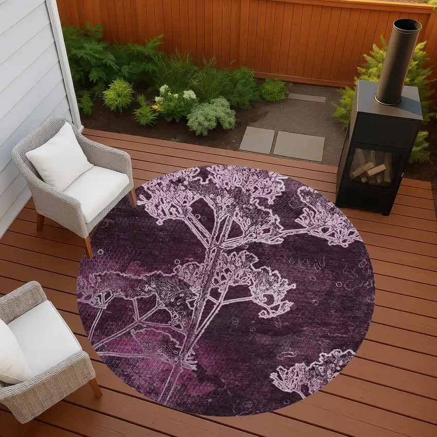 8' Eggplant And Plum Round Floral Washable Indoor Outdoor Area Rug Photo 8