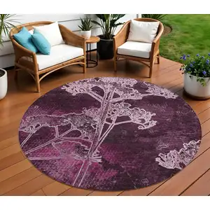 Photo of 8' Eggplant And Plum Round Floral Washable Indoor Outdoor Area Rug