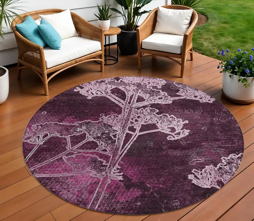 8' Eggplant And Plum Round Floral Washable Indoor Outdoor Area Rug Photo 1