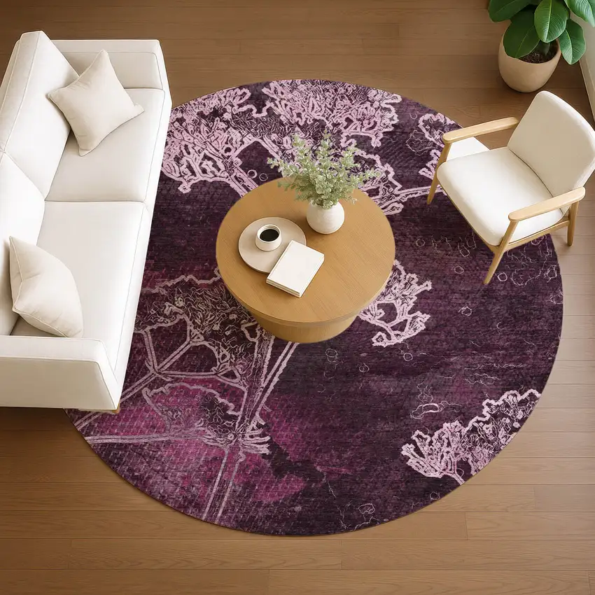 8' Eggplant And Plum Round Floral Washable Indoor Outdoor Area Rug Photo 9