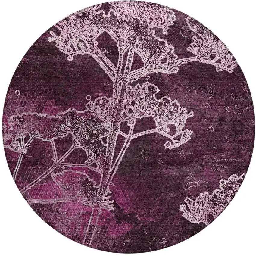 8' Eggplant And Plum Round Floral Washable Indoor Outdoor Area Rug Photo 5