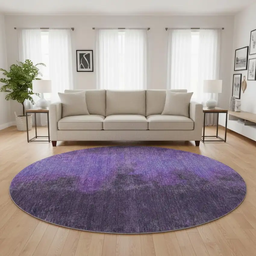 8' Eggplant And Purple Abstract Washable Round Rug With UV Protection Photo 2