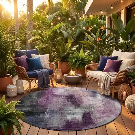 8' Eggplant And Purple Round Abstract Washable Indoor Outdoor Area Rug Photo 1