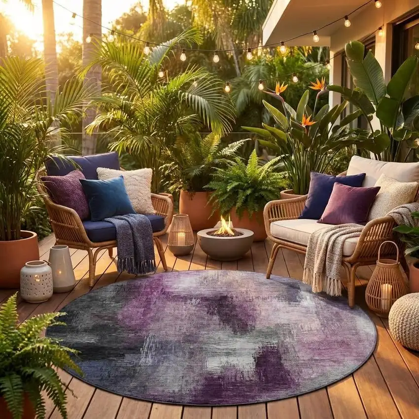 8' Eggplant And Purple Round Abstract Washable Indoor Outdoor Area Rug Photo 1