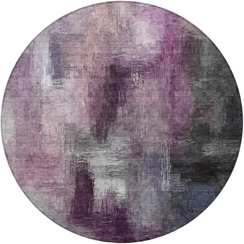 8' Eggplant And Purple Round Abstract Washable Indoor Outdoor Area Rug Photo 4