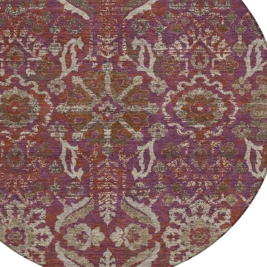 8' Eggplant And Purple Round Damask Washable Indoor Outdoor Area Rug Photo 2