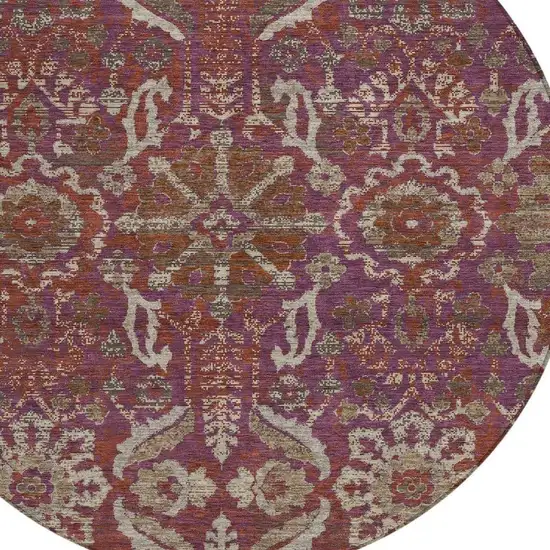 8' Eggplant And Purple Round Damask Washable Indoor Outdoor Area Rug Photo 2