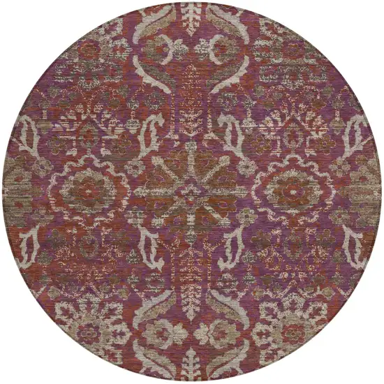 8' Eggplant And Purple Round Damask Washable Indoor Outdoor Area Rug Photo 1