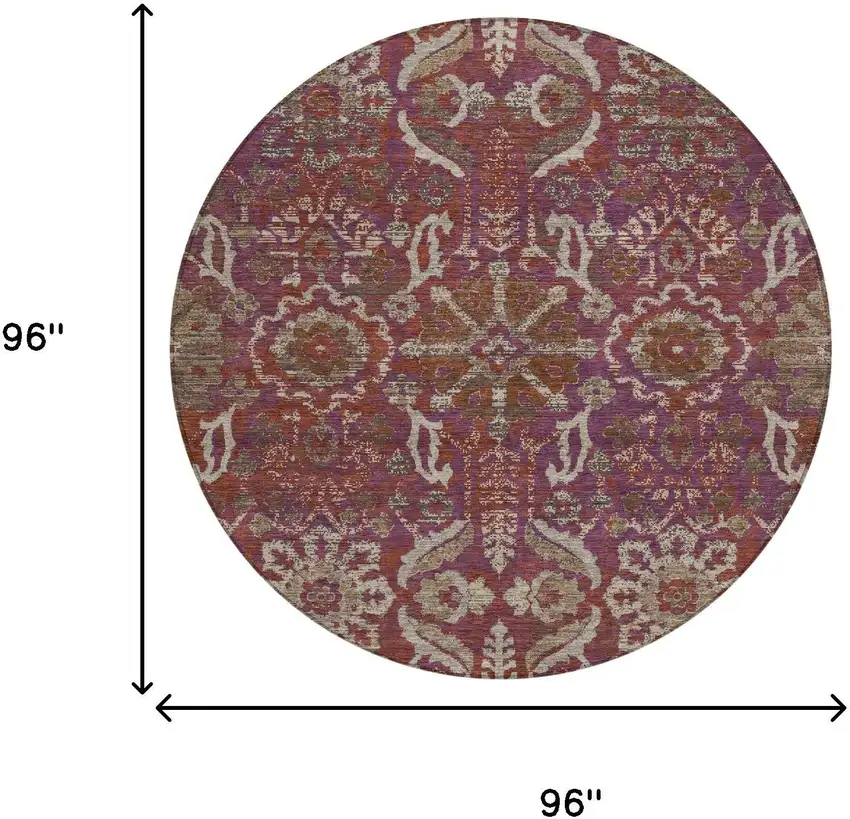 8' Eggplant And Purple Round Damask Washable Indoor Outdoor Area Rug Photo 6