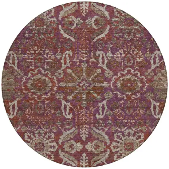 8' Eggplant And Purple Round Damask Washable Indoor Outdoor Area Rug Photo 3