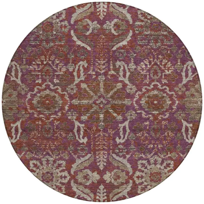 8' Eggplant And Purple Round Damask Washable Indoor Outdoor Area Rug Photo 3