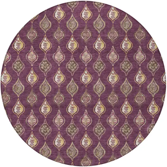 8' Eggplant And Purple Round Floral Washable Indoor Outdoor Area Rug Photo 3