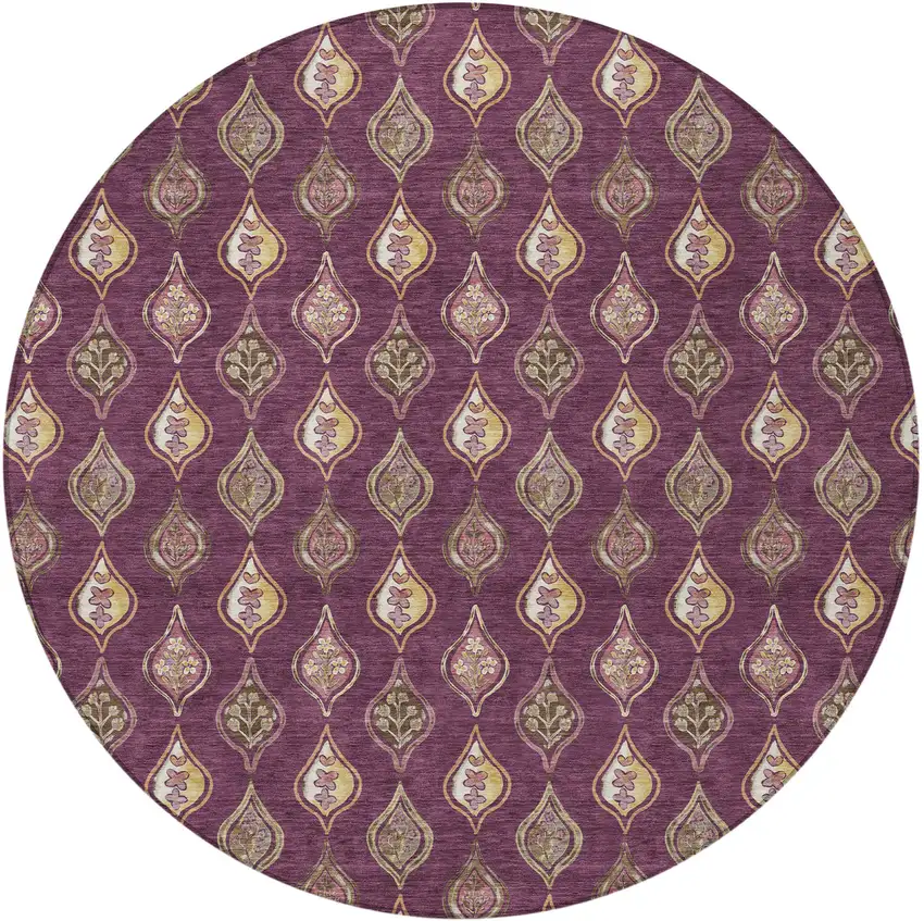 8' Eggplant And Purple Round Floral Washable Indoor Outdoor Area Rug Photo 3