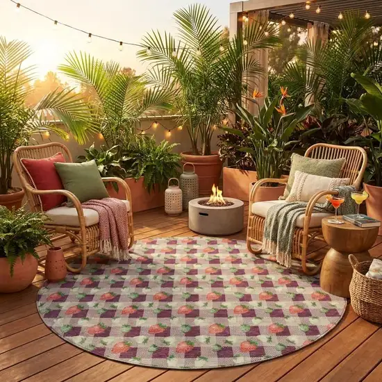 8' Eggplant And Purple Round Floral Washable Indoor Outdoor Area Rug Photo 1