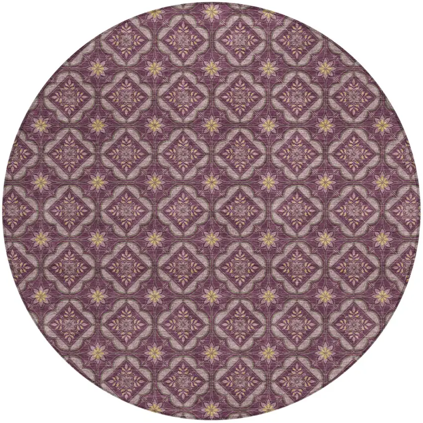 8' Eggplant And Purple Round Geometric Washable Indoor Outdoor Area Rug Photo 1
