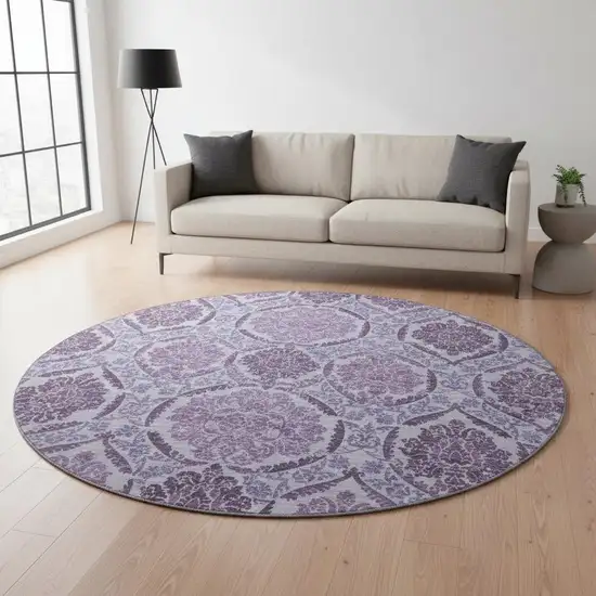 8' Eggplant And Silver Medallion Washable Round Rug With UV Protection Photo 2