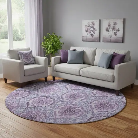 8' Eggplant And Silver Medallion Washable Round Rug With UV Protection Photo 1