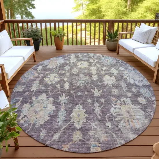 8' Eggplant Beige And Blue Round Floral Washable Indoor Outdoor Area Rug Photo 4