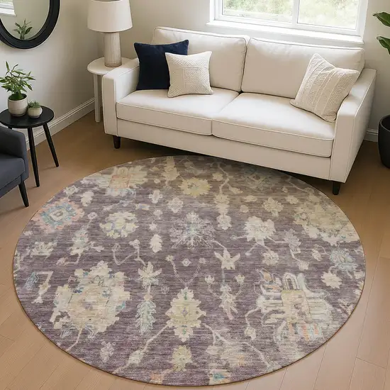 8' Eggplant Beige And Blue Round Floral Washable Indoor Outdoor Area Rug Photo 5