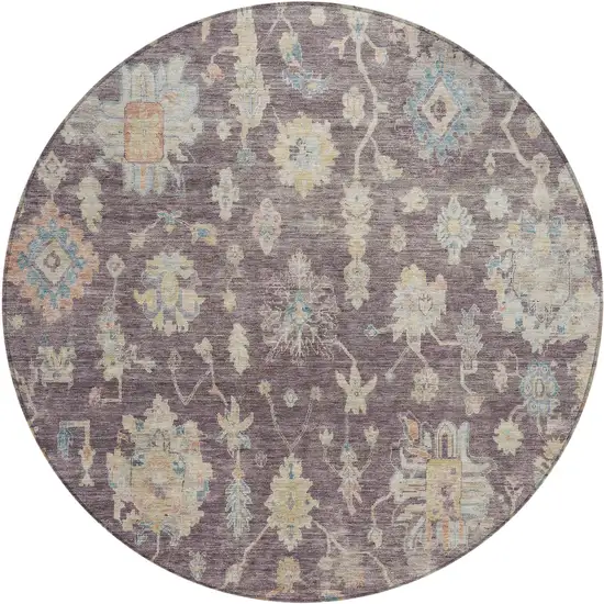 8' Eggplant Beige And Blue Round Floral Washable Indoor Outdoor Area Rug Photo 1