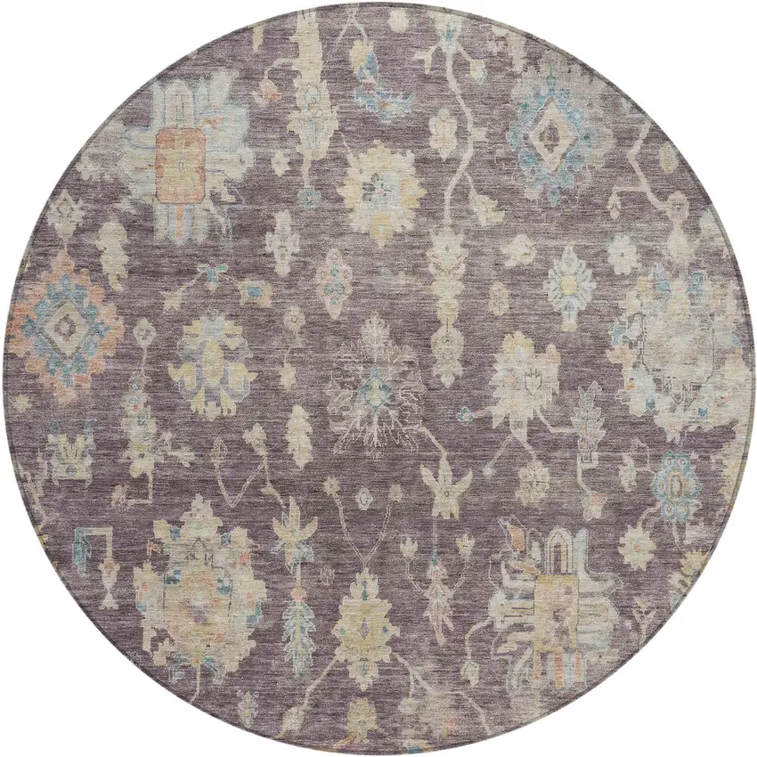 8' Eggplant Beige And Blue Round Floral Washable Indoor Outdoor Area Rug Photo 1