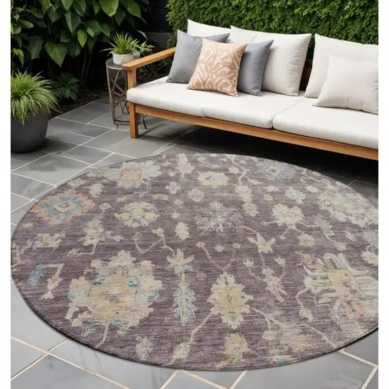 8' Eggplant Beige And Blue Round Floral Washable Indoor Outdoor Area Rug Photo 1