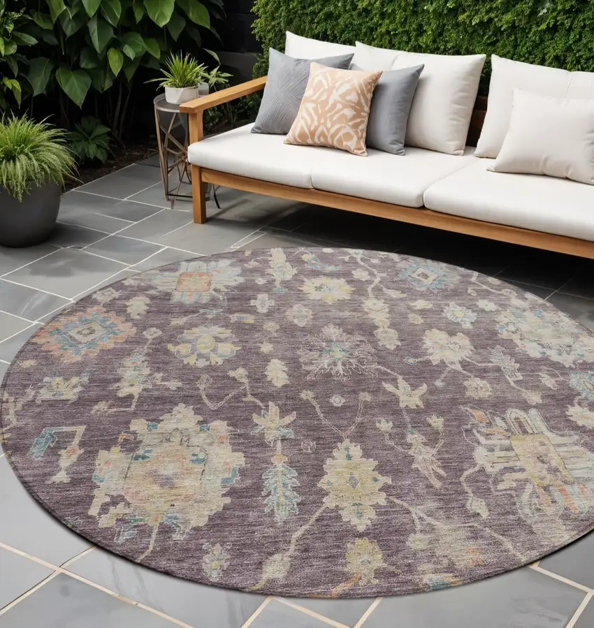 8' Eggplant Beige And Blue Round Floral Washable Indoor Outdoor Area Rug Photo 1