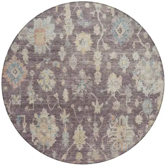 8' Eggplant Beige And Blue Round Floral Washable Indoor Outdoor Area Rug Photo 3