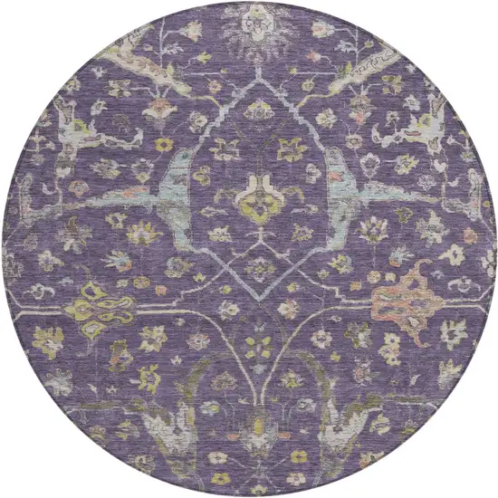 8' Eggplant Beige And Gold Round Floral Washable Indoor Outdoor Area Rug Photo 2