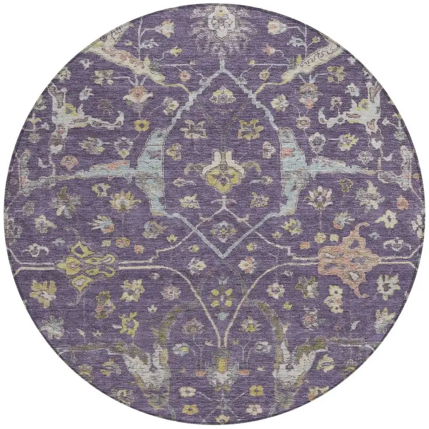 8' Eggplant Beige And Gold Round Floral Washable Indoor Outdoor Area Rug Photo 4