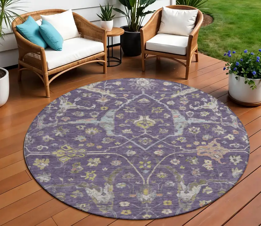 8' Eggplant Beige And Gold Round Floral Washable Indoor Outdoor Area Rug Photo 1