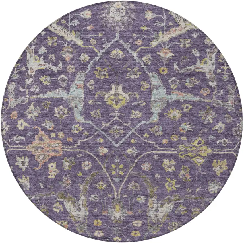 8' Eggplant Beige And Gold Round Floral Washable Indoor Outdoor Area Rug Photo 5