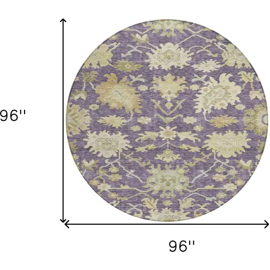 8' Eggplant Beige And Green Round Floral Washable Indoor Outdoor Area Rug Photo 8