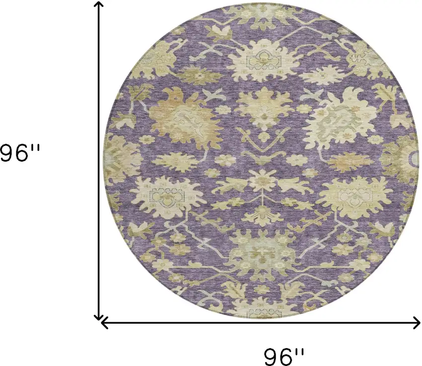 8' Eggplant Beige And Green Round Floral Washable Indoor Outdoor Area Rug Photo 8