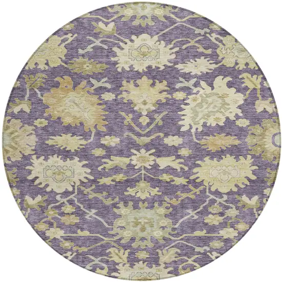 8' Eggplant Beige And Green Round Floral Washable Indoor Outdoor Area Rug Photo 2