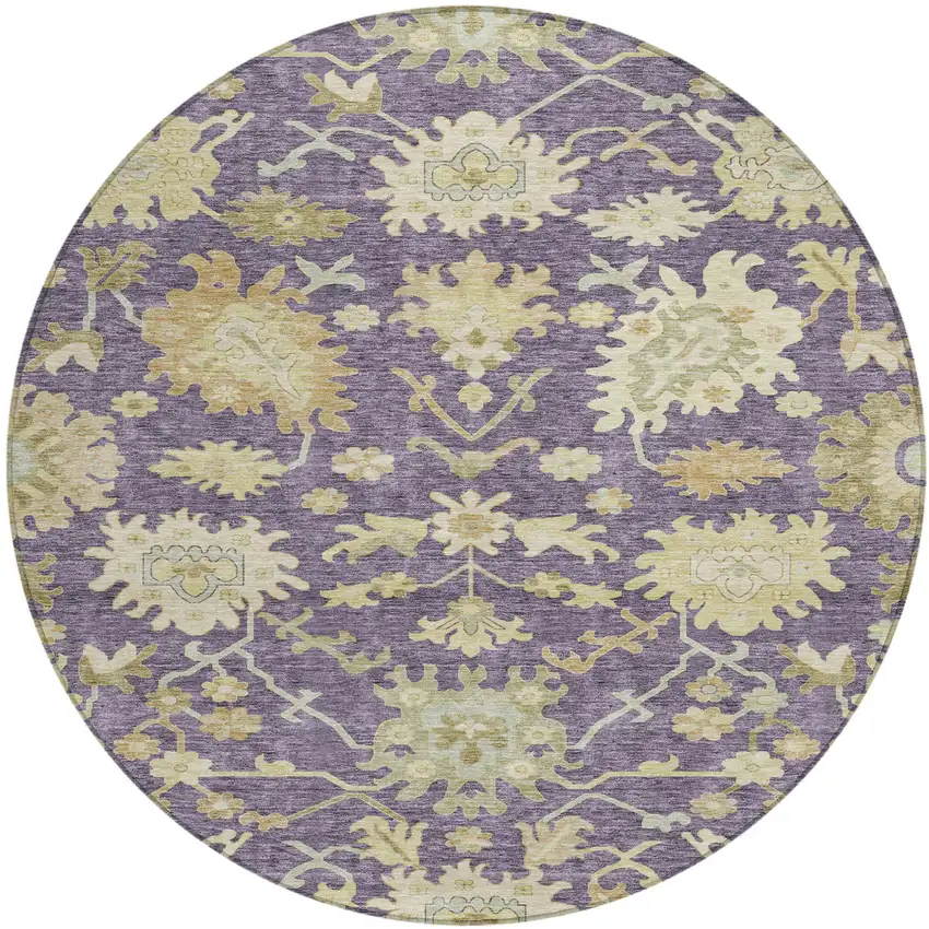 8' Eggplant Beige And Green Round Floral Washable Indoor Outdoor Area Rug Photo 2