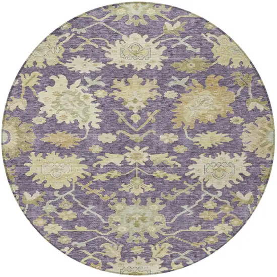 8' Eggplant Beige And Green Round Floral Washable Indoor Outdoor Area Rug Photo 7